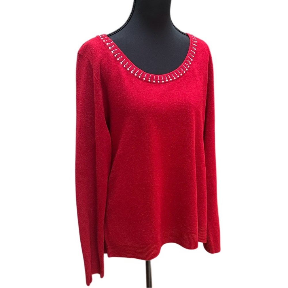 Carolyn Taylor Red Scoop Neck Sweater with Rhinestones Holiday Event XL EUC
